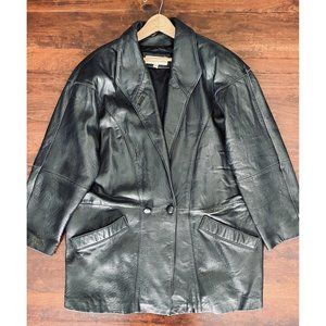 Charles Klein 90s Oversized Leather Blazer Trench Coat Jacket Womens Large Black
